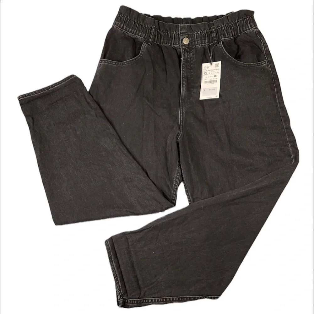NWT Zara Black Elastic Paper Bag Waist Ultra High Rise 100% Cotton Jeans Size XL - Picture 4 of 16